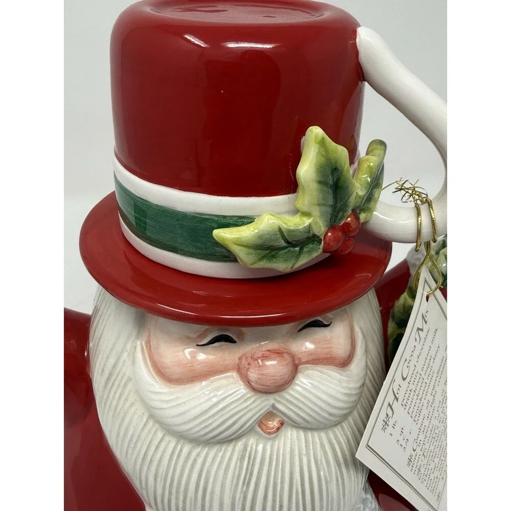 Fitz and Floyd Snack Therapy Santa Cocoa Pot, Ceramic Holly, Boxed